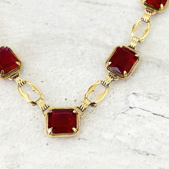 Harry S Bick Ruby Glass Gold Filled Necklace 20 In Vintage Signed Stunner - Picture 6 of 11
